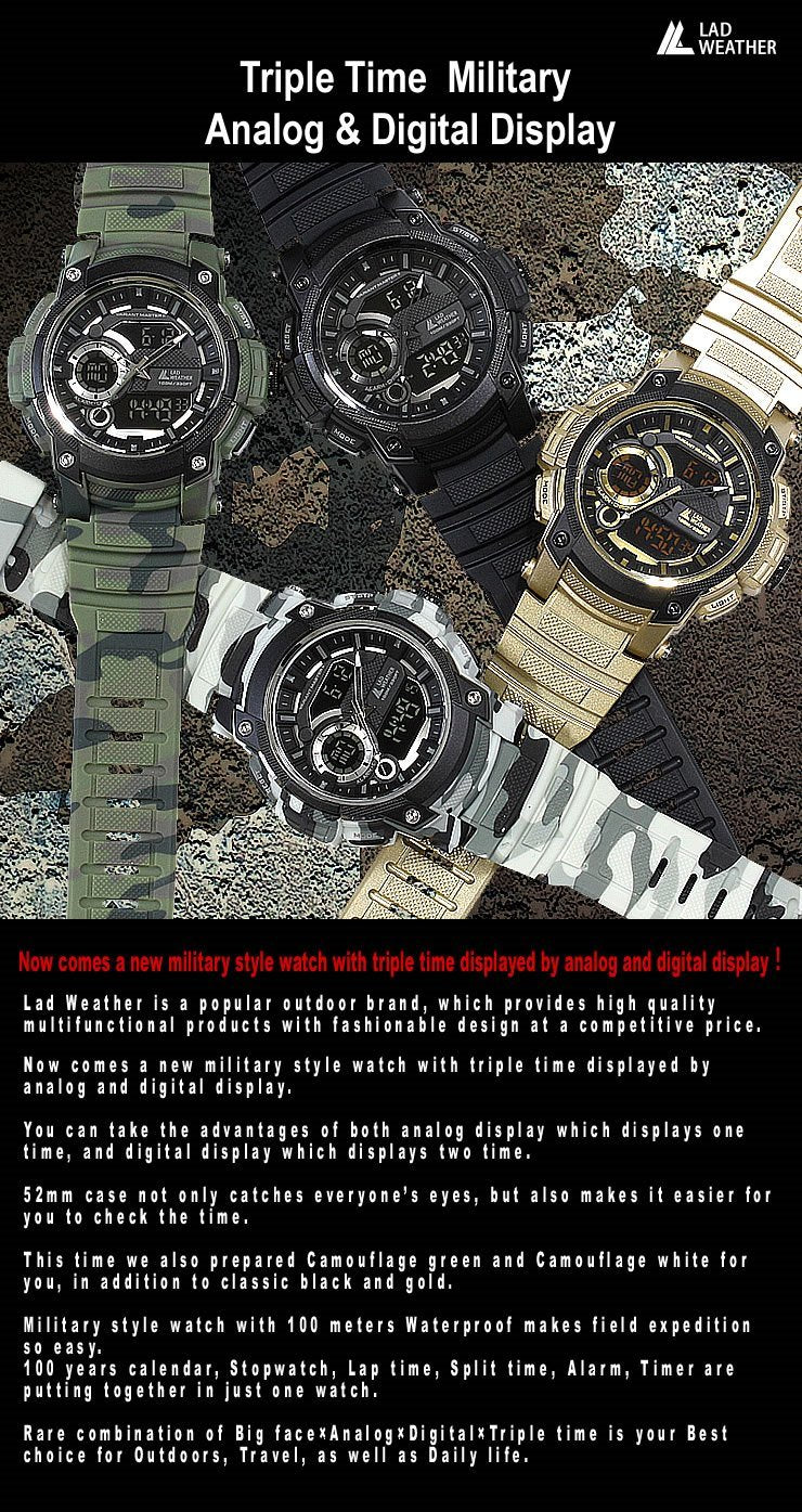Lad Weather Digi-Ana Watch Dual time + Analog Display Stopwatch Timer Alarm Camouflage Combat Military White - LeoForward Australia