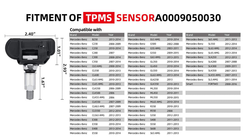 4-Pack A0009050030 Tire Pressure Monitoring System (TPMS) Sensor Compatible with Smart Fortwo Mercedes Benz B250 C230 C250 C280 C300 C350 C63 AMG CL550 CL600 CL63 AMG CL65 AMG CLK350 CLK500 etc set of 4 - LeoForward Australia