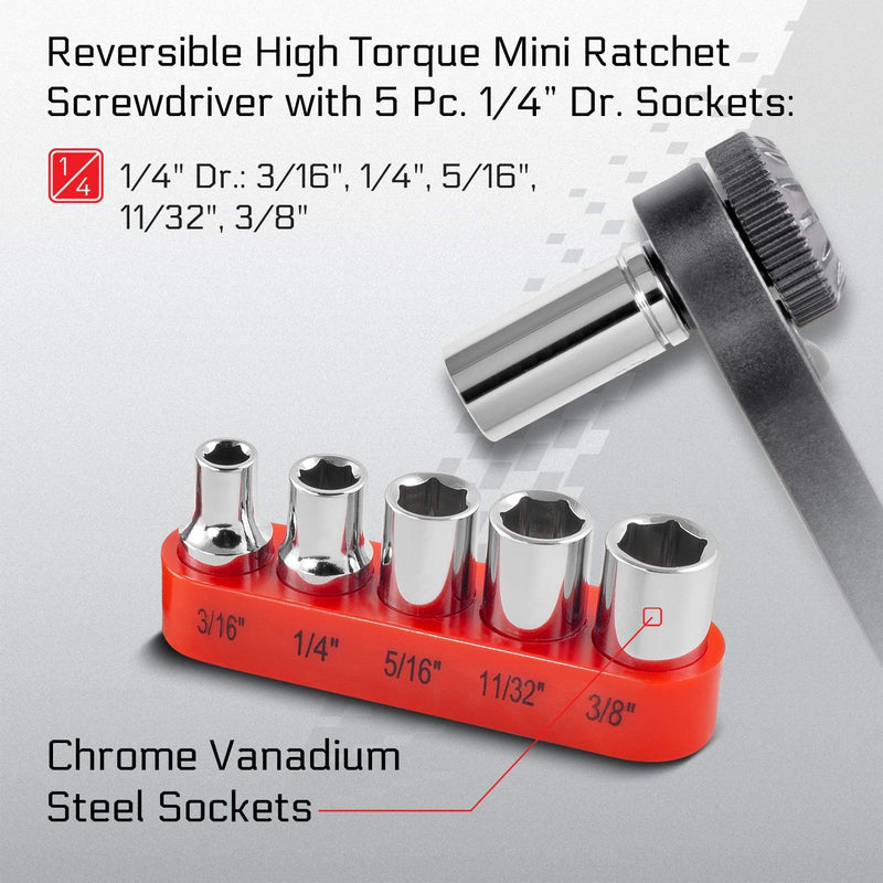  [AUSTRALIA] - CARBYNE 17 Piece Right Angle 1/4-Inch Dual-Drive Head Mini Ratchet Wrench Screwdriver, Bit Set & Sockets | CR-V Steel