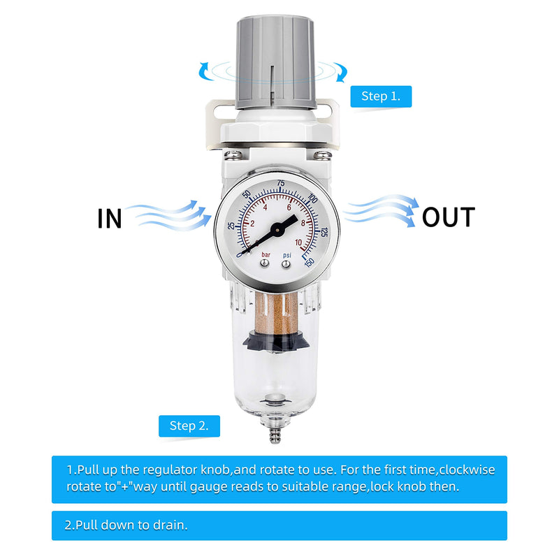  [AUSTRALIA] - NANPU 1/4" NPT Compressed Air Filter Regulator Combo Piggyback, 5 Micron Brass Element, Poly Bowl, Semi-Auto Drain, Metal Bracket, 0-150 psi Gauge