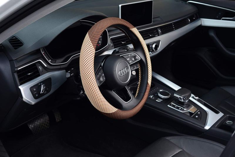  [AUSTRALIA] - KAFEEK Steering Wheel Cover, Universal 15 inch, Microfiber Breathable Ice Silk, Anti-Slip, Odorless, Beige& Brown