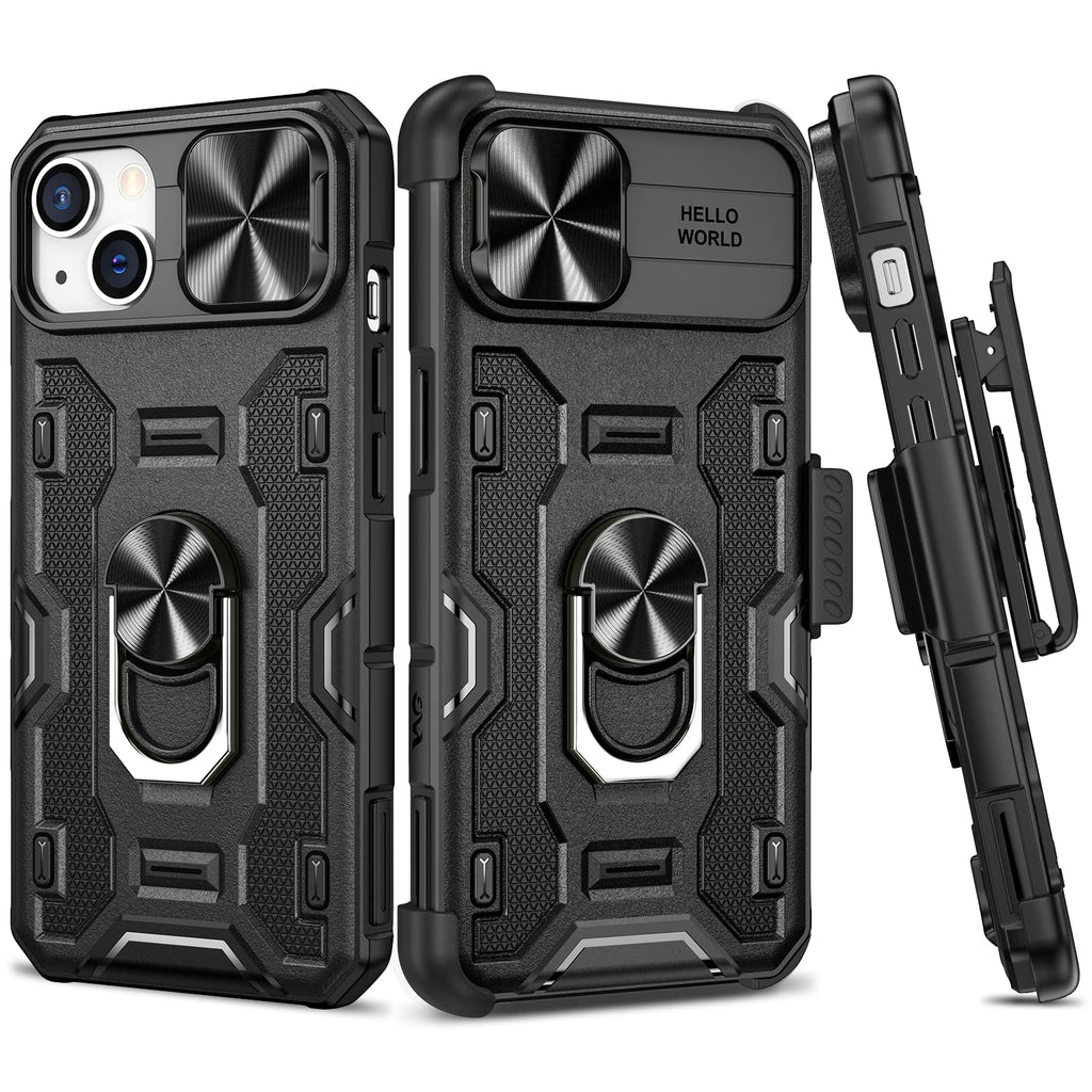  [AUSTRALIA] - VEGO Case for iPhone 14 Plus 5G 2022, Slide Camera Cover & Magnetic 360°Rotatable Ring Kickstand & Belt Clip Holster Military Grade Heavy Duty Protection Armor Case for iPhone 14 Plus 6.7” - Black