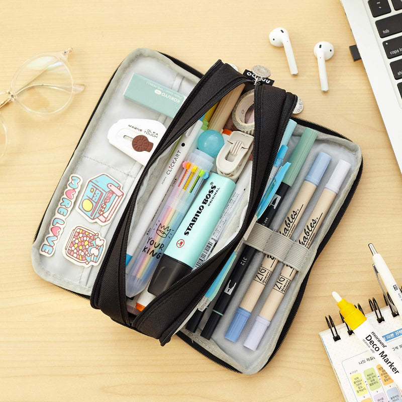  [AUSTRALIA] - CICIMELON Large Capacity Pencil Case 3 Compartment Pouch Pen Bag for School Teen Girl Boy Men Women (Black) Black