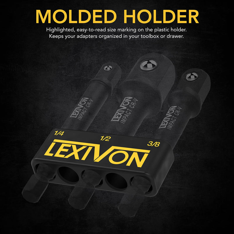  [AUSTRALIA] - LEXIVON Impact Grade Socket Adapter Set, 3" Extension Bit With Holder | 3-Piece 1/4", 3/8", and 1/2" Drive, Adapt Your Power Drill To High Torque Impact Wrench (LX-101) 3-Inch