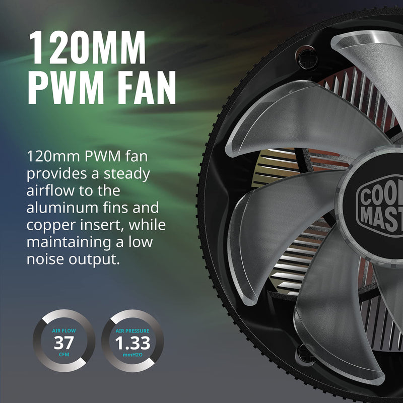  [AUSTRALIA] - Cooler Master i71C RGB Intel Low-Profile CPU Air Cooler, Anodized Black Aluminum Fins, Copper Insert Base, MF120 RGB 4-Pin Lighting Fan for Intel LGA1151