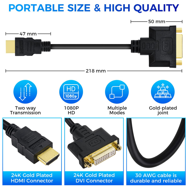  [AUSTRALIA] - Togconn HDMI Male to DVI Female Adapter (2 Pack)，Bi-Directional DVI Female to HDMI Male Connector, Support 1080P Full HD Compatible for Roku, Xbox One, PS5，PS4，Blue-ray DVD, A/V Receivers-0.6ft HDMI（Male）to DVI(Female)