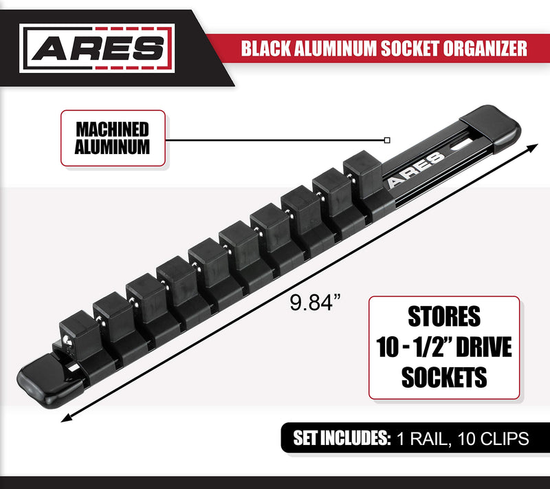  [AUSTRALIA] - ARES 70344-1/2-Inch Drive Black 9.84-Inch Aluminum Socket Organizer - Store up to 10 Sockets and Keep Your Tool Box Organized - Sockets Will Not Fall Off this Rail 1/2" Drive 9.84" Socket Rail