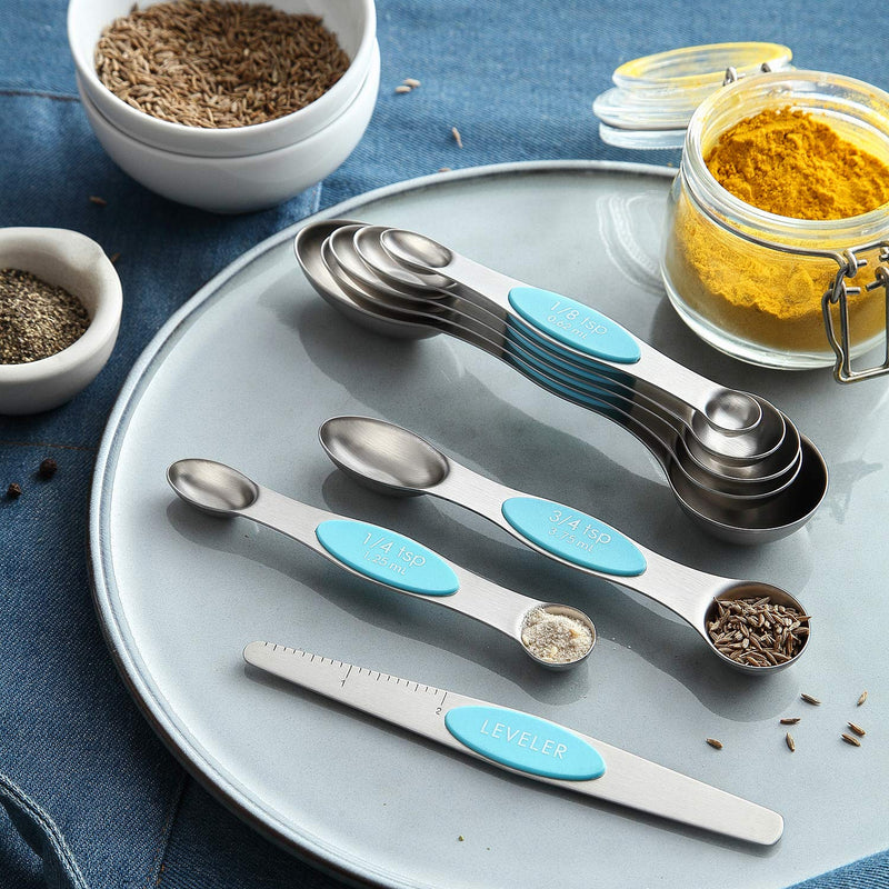  [AUSTRALIA] - Spring Chef Magnetic Measuring Spoons Set, Dual Sided, Stainless Steel, Fits in Spice Jars, Aqua Sky, Set of 8