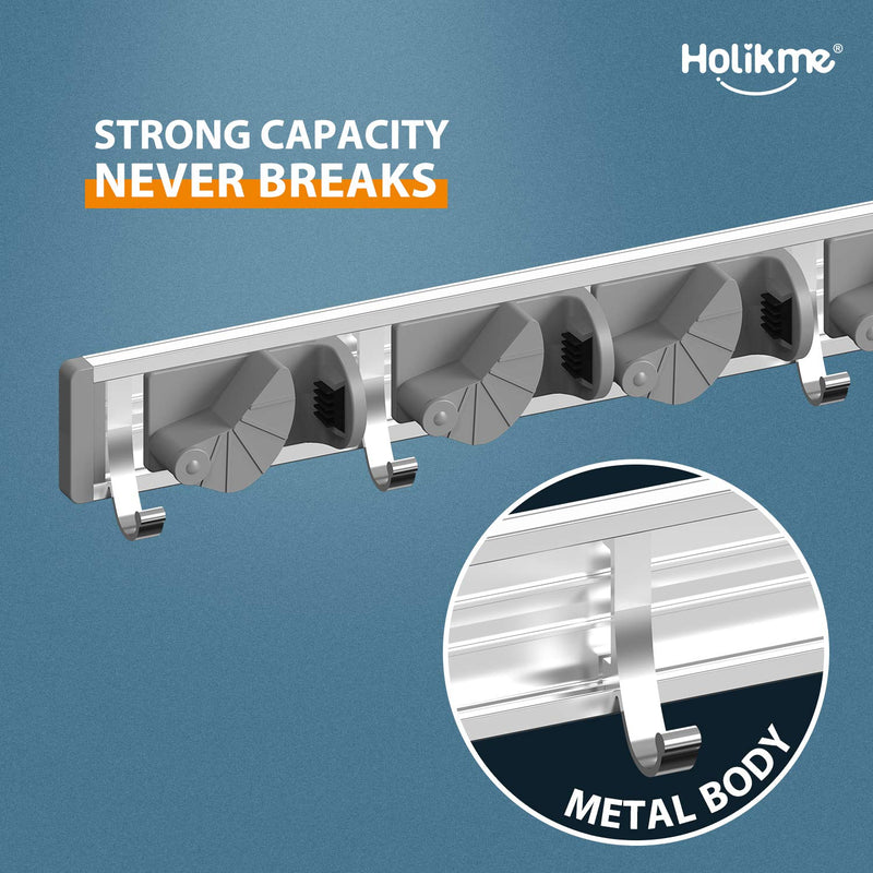  [AUSTRALIA] - Holikme Mop Broom Holder Wall Mount Metal Pantry Organization and Storage Garden Kitchen Tool Organizer Wall Hanger for Home Goods (4 Positions with 4 Hooks, Silver)