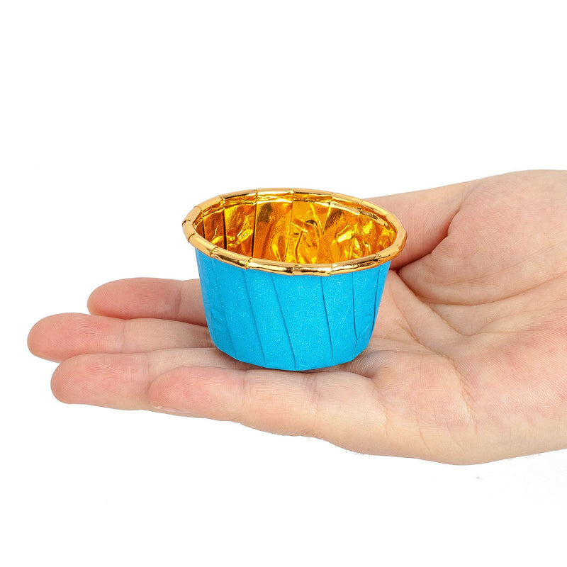  [AUSTRALIA] - GOLDEN APPLE, Aluminum Foil Paper Mini Cake Baking Cups 50 Pack, Muffin Cupcake Baking Mold Cup Liners Baking Cups for Party Wedding Festival, cupcake liners, Small Blue in Gold