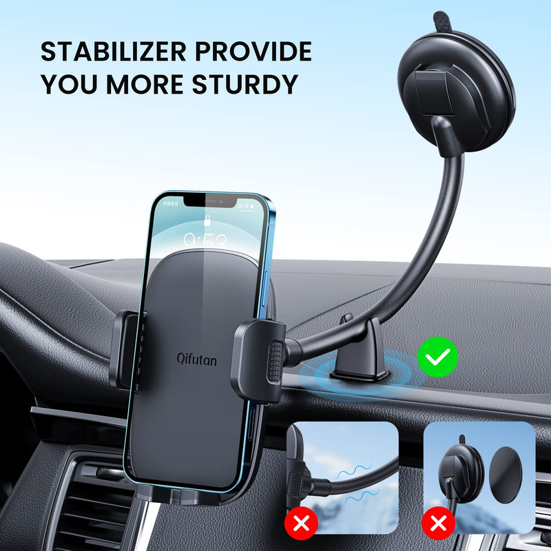  [AUSTRALIA] - Qifutan Cell Phone Holder for Car Phone Mount Long Arm Dashboard Windshield Car Phone Holder Strong Suction Anti-Shake Stabilizer Phone Car Holder Compatible with All Phone Android Smartphone Black