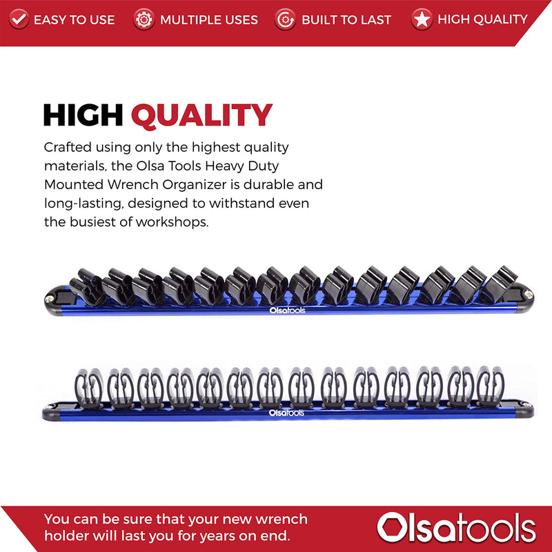  [AUSTRALIA] - Olsa Tools Wall Mount Wrench Organizer with Rotating Clips | Blue Anodized Aluminum + Black Clips | Premium Quality Wrench Holder | 14 Wrenches Fit Rack Blue Aluminum + Black Clips
