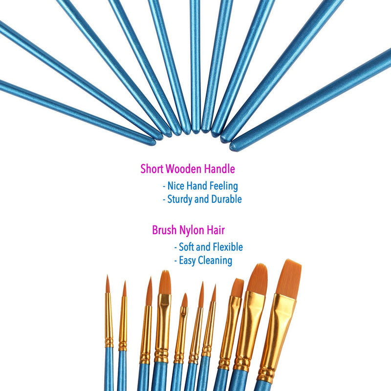 Heartybay 10Pieces Round Pointed Tip Nylon Hair Brush Set, Blue - LeoForward Australia