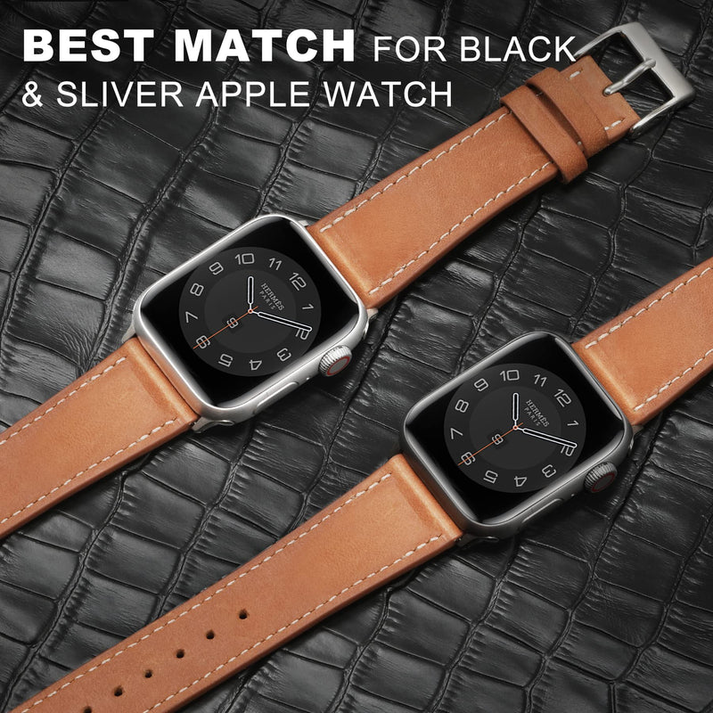  [AUSTRALIA] - Marge Plus Compatible with Apple Watch Band Series SE 7 6 5 4 3 2 1 45mm 41mm 44mm 40mm 42mm 38mm, Genuine Leather Replacement Band for iWatch, Leather Apple Watch Strap for Women & Men, Brown A-Brown/Silver 38mm / 40mm / 41mm