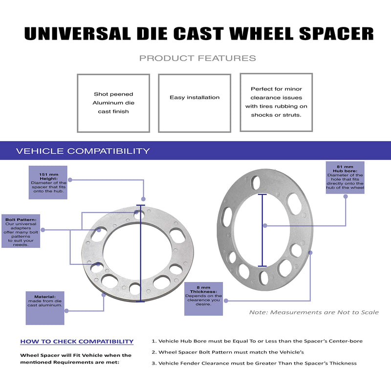 Wheel Spacer | Die Cast Aluminum | 5 Lug [100mm/4.25 to 120mm/4.75 BC] - 8mm or 5/16 Thick [2 Pack] - LeoForward Australia