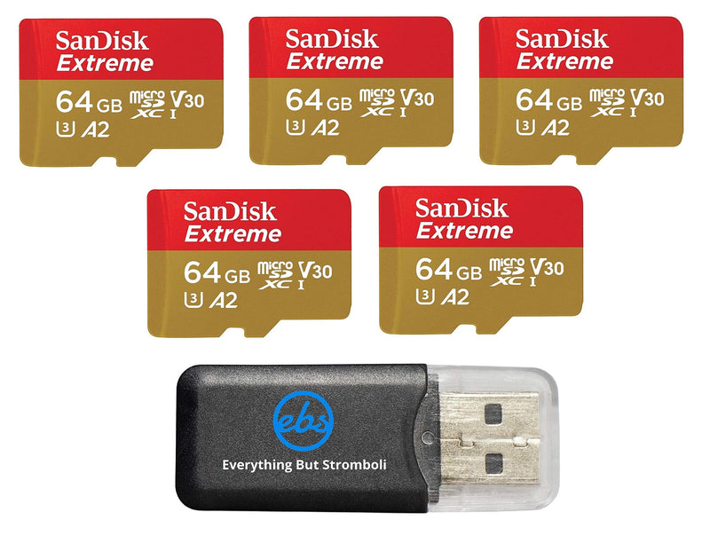  [AUSTRALIA] - SanDisk Extreme 64GB (5 Pack) MicroSD Memory Card for DJI Mavic Mini 2, Mavic Mini, Mavic Air 2 Drone - C10 A2 V30 SDXC (SDSQXA2-064G-GN6MN) Bundle with (1) Everything But Stromboli Micro Card Reader