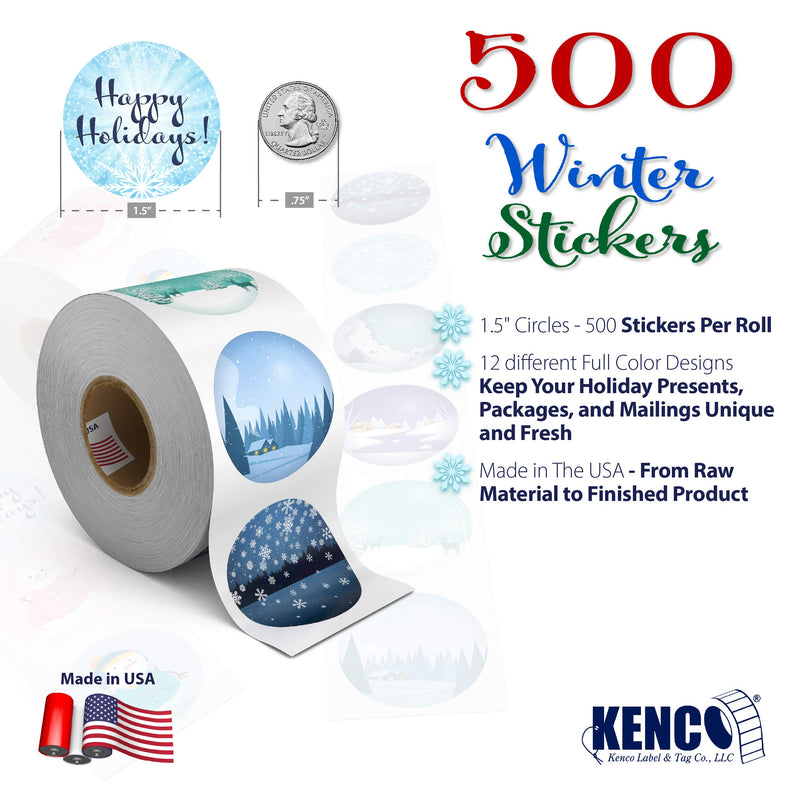 Winter Holiday Christmas Stickers, 1.5" Circle Seals, 500 Labels for Packaging, Presents, and Envelope Mailing. Made in The USA! (Snow Theme, 1 ROLL) SNOW THEME - LeoForward Australia