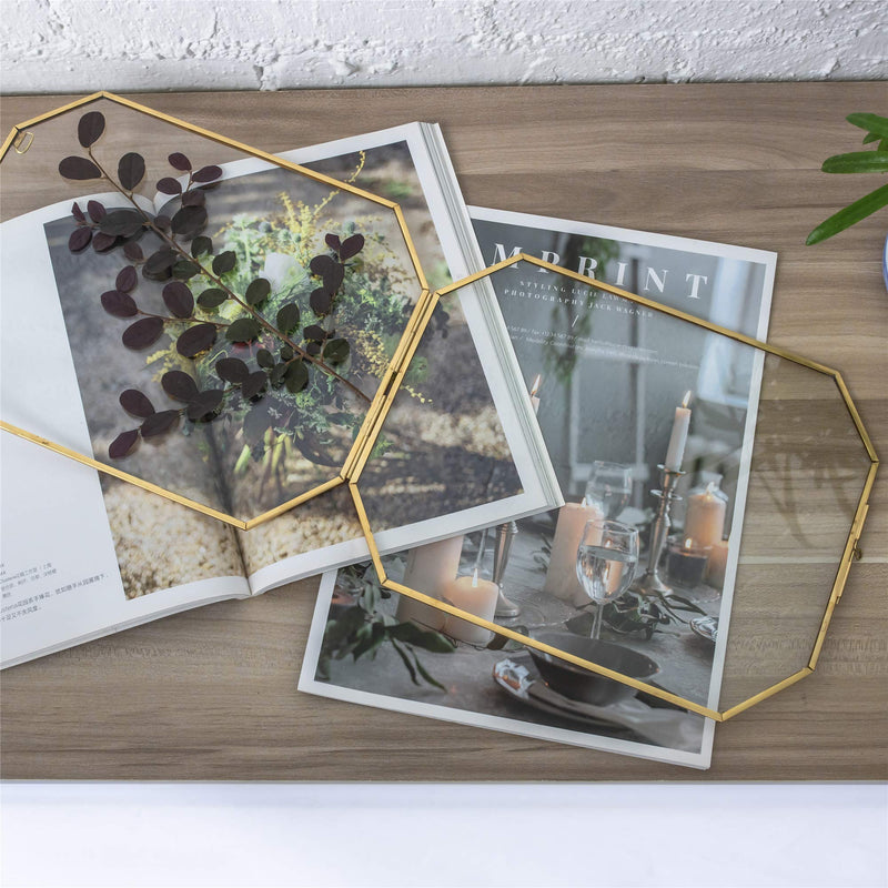  [AUSTRALIA] - NCYP Brass Hanging Photo Frame, Double Glass Wall Decor Hanging 8X10 inches Octagon Herbarium for Pressed Dried Flowers Plant Specimen Poster, Gold Clear Floating Frame Style, Glass Frame Only 8x10inches