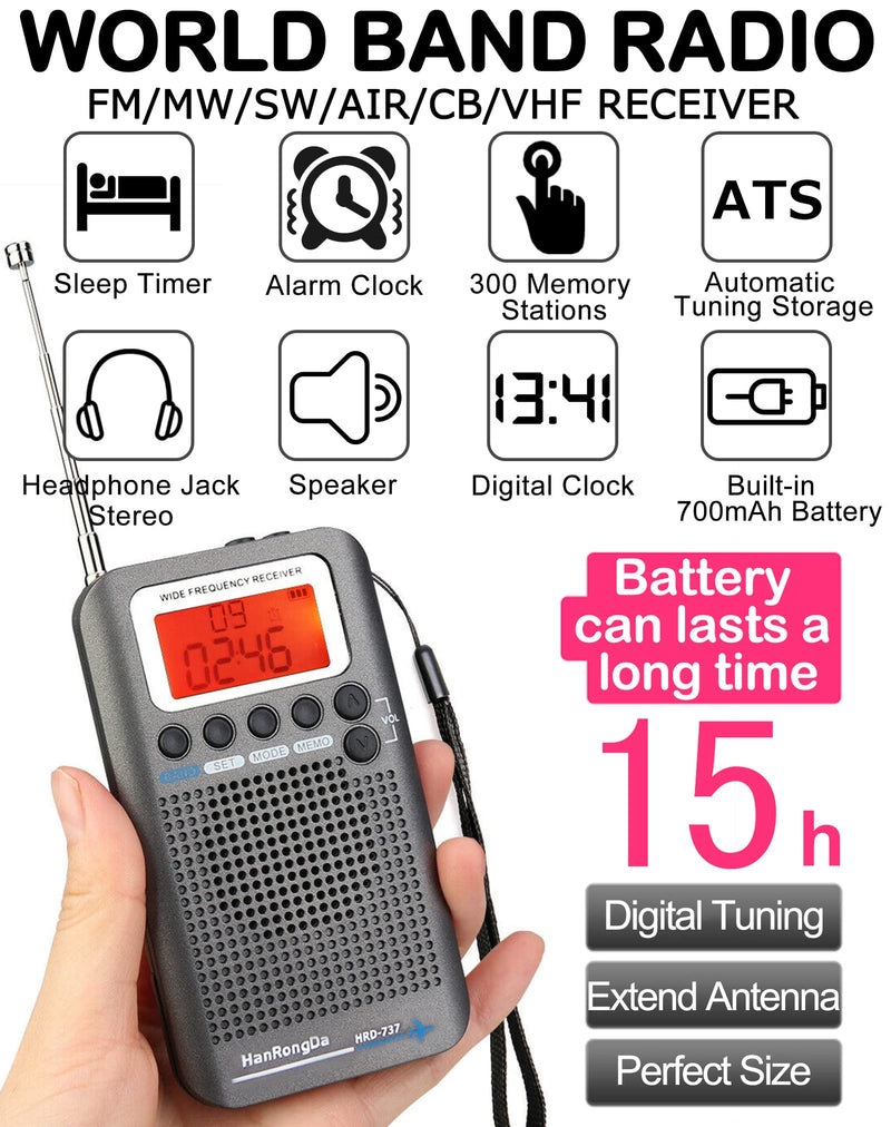  [AUSTRALIA] - HanRongDa CB Radio Portable VHF FM AM Shortwave with Speaker and Backlit, Air Band Receiver with Extend Antenna and 700mAh Battery, Full Band Digital Radios with Alarm Clock and Sleep Timer HRD-737