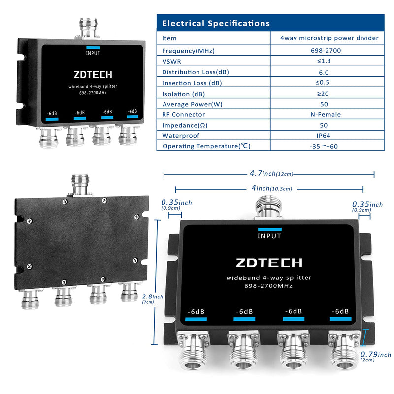  [AUSTRALIA] - ZDTECH WideBand 4-Way Splitter with N-Female Connectors 50 Ohm Signal Splitter for 3G/4G/LTE(698-2700MHz) Splitter 4-Way