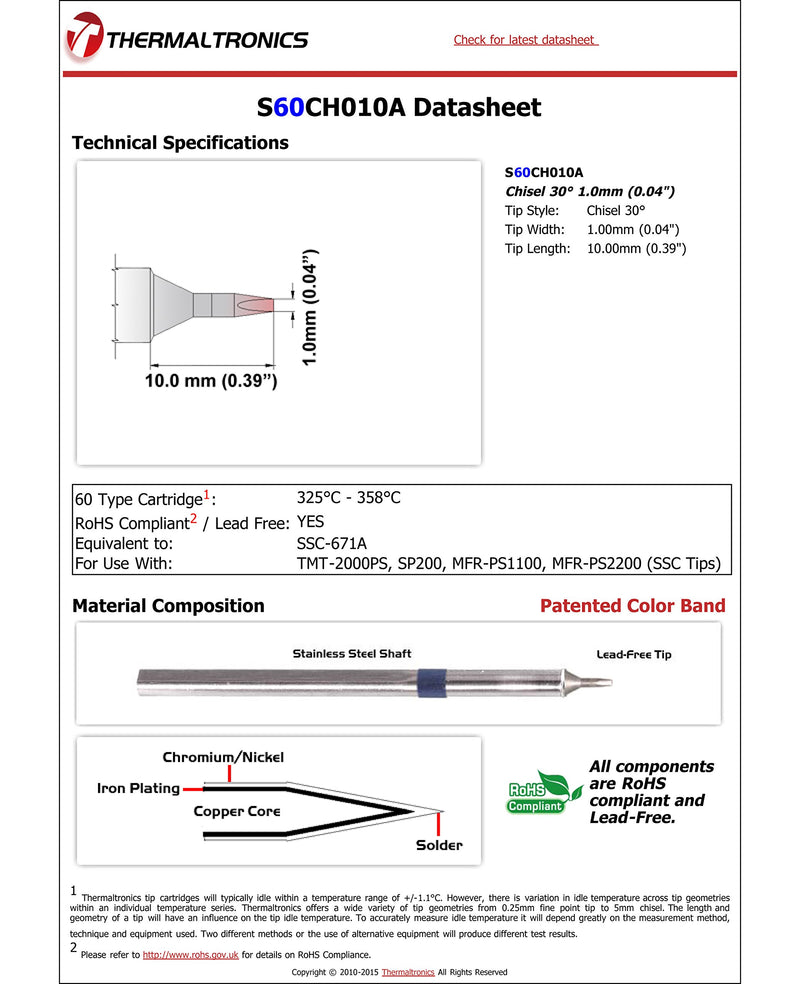  [AUSTRALIA] - Thermaltronics S60CH010A Chisel 30deg 1.0mm (0.04in) interchangeable for Metcal SSC-671A