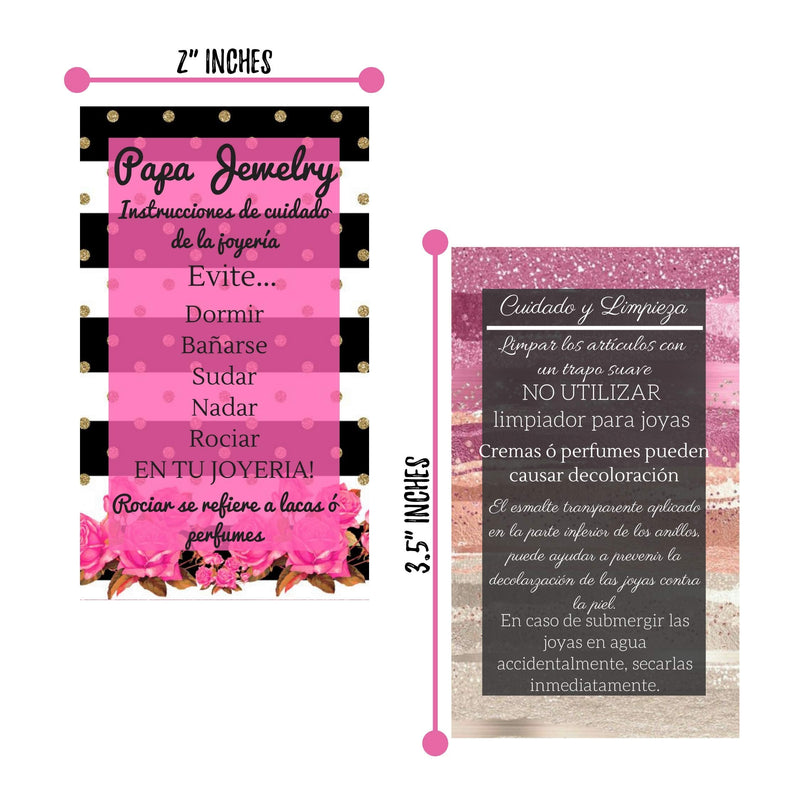  [AUSTRALIA] - Spanish Jewelry Cleaning and Care Cards | Package of 50 | Jewelry Bling Queen Care Instructions in Spanish | Striped with Floral Design