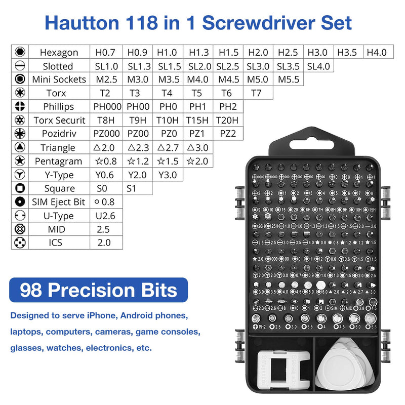  [AUSTRALIA] - Hautton Mini Precision Screwdriver Set, 118 in 1 Magnetic Screwdriver Bit Kit, Multi-Function Stainless Steel Professional Repair Tool Kit for Phone, Laptop, PC, Glasses, Electronics, and More -Black