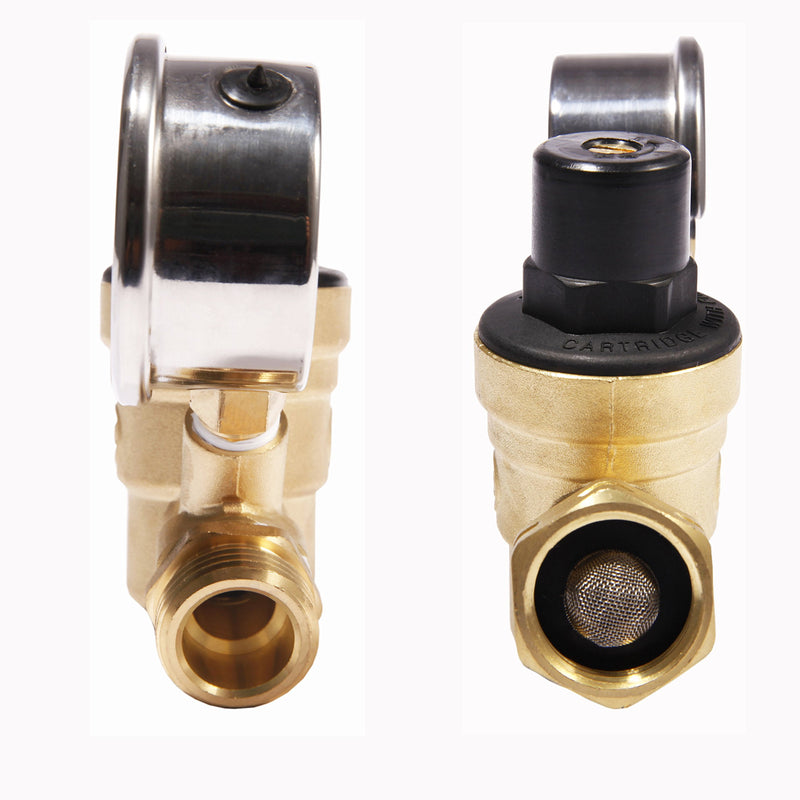  [AUSTRALIA] - SAIDE Water Pressure Regulator Valve, Brass Lead Free NH Connector Adjustable Water Pressure Reducer Valve for RV Travel Trailer Camper with Oil Gauge and Inlet Screened Filter