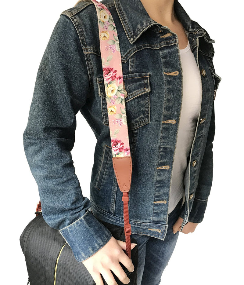  [AUSTRALIA] - Camera Strap Neck, Adjustable Vintage Floral PInk Camera Straps Shoulder Belt for Women /Men,Camera Strap for Nikon / Canon / Sony / Olympus / Samsung / Pentax ETC DSLR / SLR Leather pink print