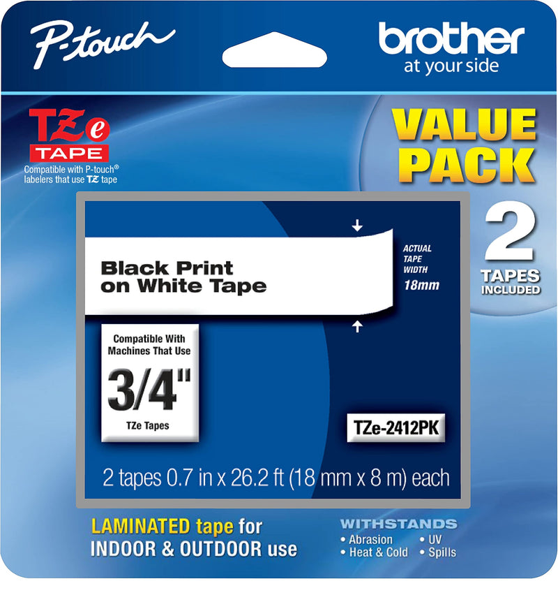  [AUSTRALIA] - Brother Genuine P-Touch, TZe2412PK, 2 Pack of Label Tape, Black Font On White Label, TZe241,Black on White 2-Pack