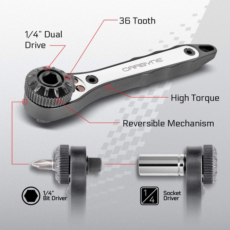  [AUSTRALIA] - CARBYNE 17 Piece Right Angle 1/4-Inch Dual-Drive Head Mini Ratchet Wrench Screwdriver, Bit Set & Sockets | CR-V Steel