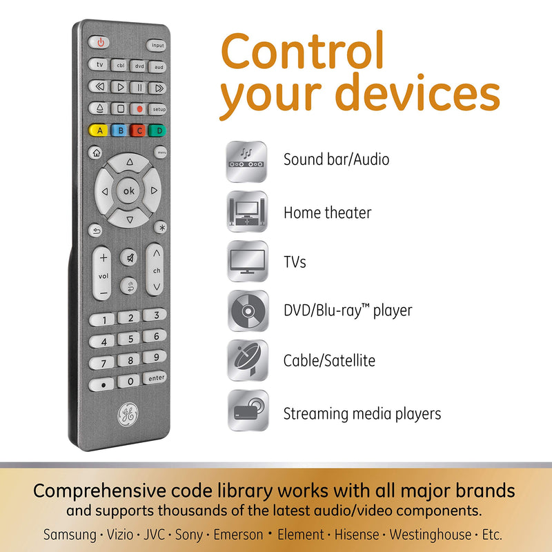  [AUSTRALIA] - GE Backlit Universal Remote Control for Samsung, Vizio, LG, Sony, Sharp, Roku, Apple TV, TCL, Panasonic, Smart TV, Streaming Players, Blu-Ray, DVD, Simple Setup, 4-Device, Graphite, 48848 4 Device Backlit