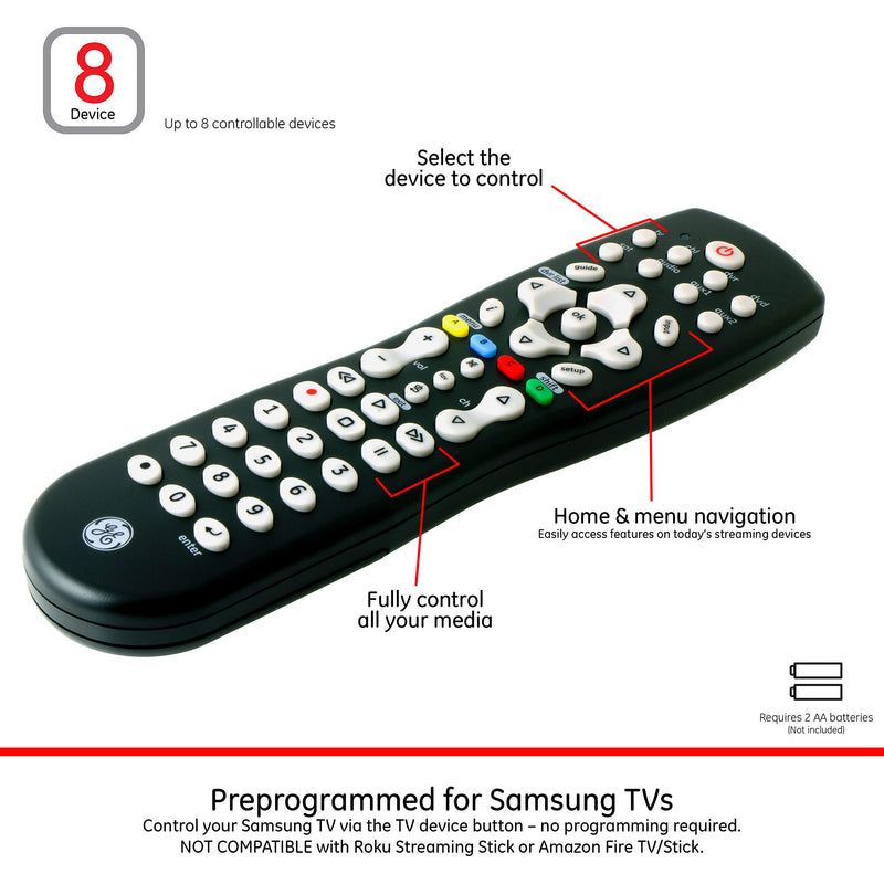 GE Universal Remote Control for Samsung, Vizio, Lg, Sony, Sharp, Roku, Apple TV, TCL, Panasonic, Smart TVs, Streaming Players, Blu-Ray, DVD, Simple Setup, 8-Device, Black, 33715 - LeoForward Australia