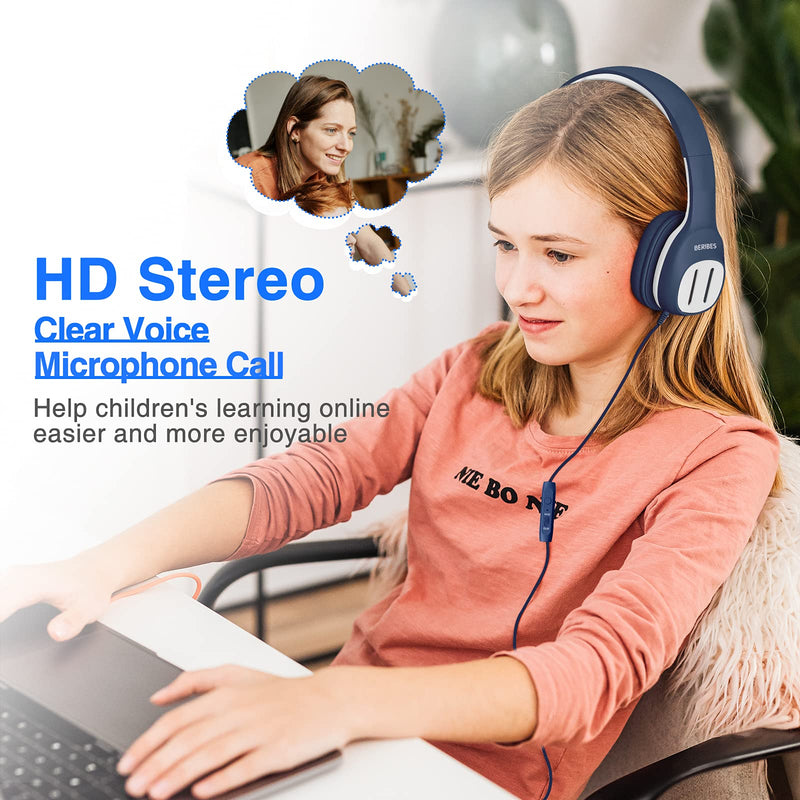  [AUSTRALIA] - BERIBES Kids Headphones, [Melancholy Blue] Sharing Function HiFi Stereo Comfortable Fit Foldable Headphones for Kids with Microphone, Volume Limiter 85/94dB for School, Online Learning, Kindle, Plane Melancholy Blue