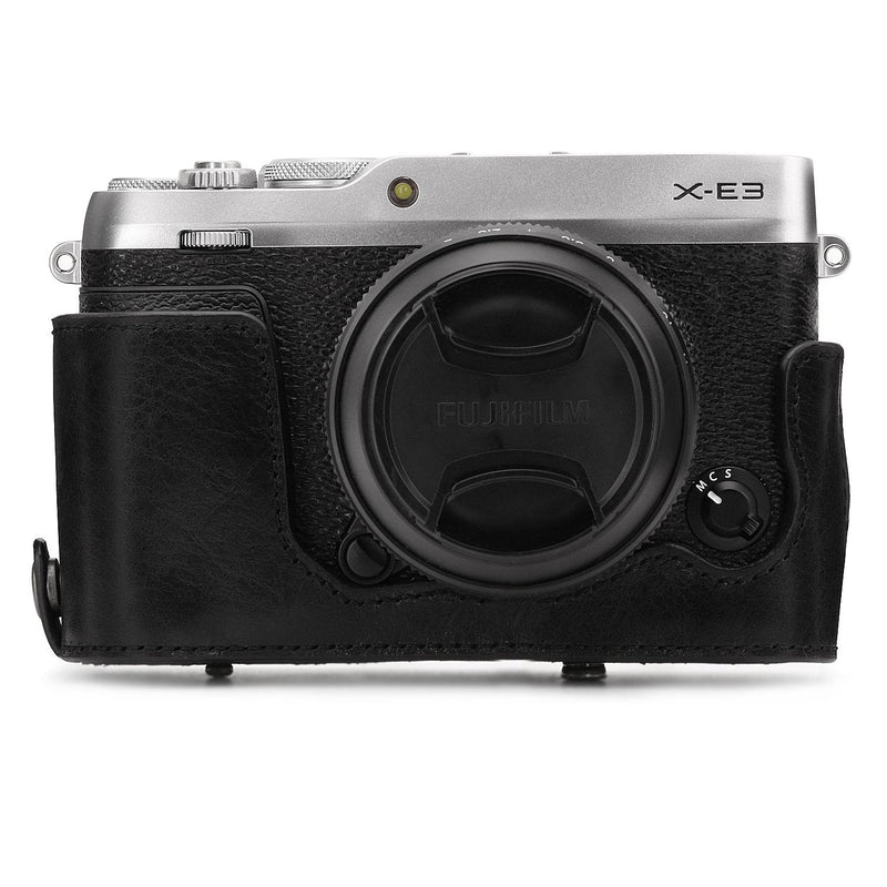  [AUSTRALIA] - MegaGear MG1339 Ever Ready Genuine Leather Camera Case & Strap for Fujifilm X-E3 (23mm & 18-55mm) with Battery Access, Black