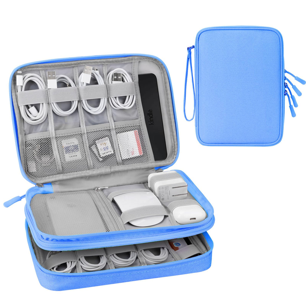  [AUSTRALIA] - DDgro Electronics Organizer for Woman Travel Storage iPad Mini Kindle Charger Mouse Earphones Passport Case Cables Cords Hard Drive Tech Accessories Pouch Bag (Azure Blue, 2 Layers-L) Azure Blue