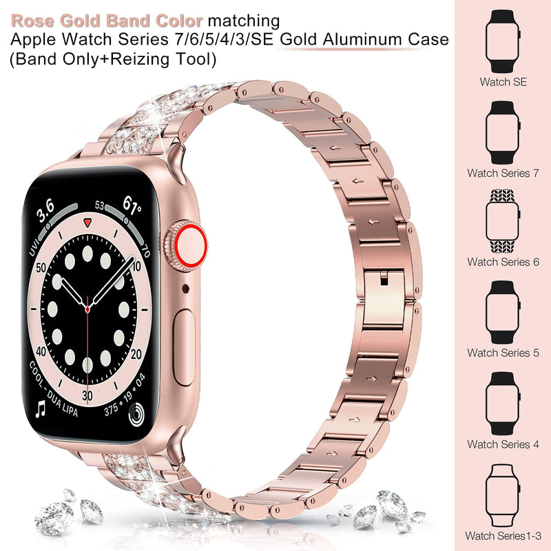  [AUSTRALIA] - LELONG for Apple Watch Band 41mm 38mm 40mm Series 7 Series 6 5 4 3 2 1 SE, Bling Replacement Bracelet iWatch Band, Diamond Rhinestone Stainless Steel Metal Wristband Strap A-ARose Gold 38mm/40mm/41mm