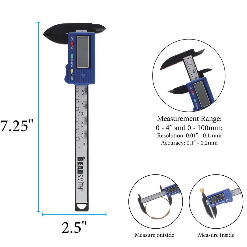 The Beadsmith Digital Caliper, 4 inch/100mm, Carbon Fiber, Battery Powered, On/Off Button, LCD display BONUS: Battery Included! - LeoForward Australia