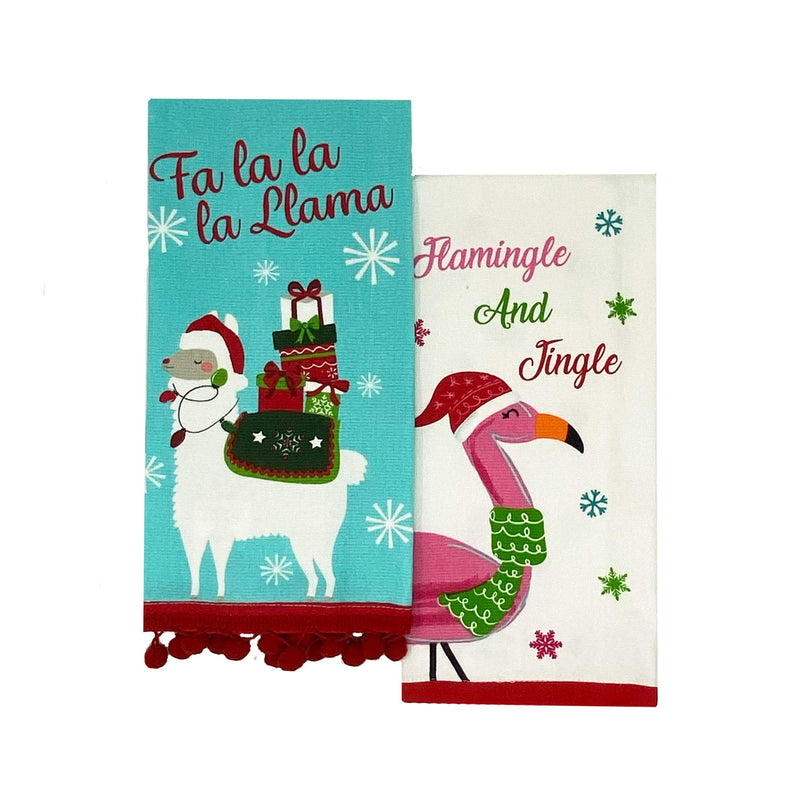  [AUSTRALIA] - Elrene Home Fashions Llama Pom and Flamingle and Jingle Cotton Christmas Holiday Kitchen Dish Hand Towels, Set of 2, 16"x26", FA La Llama & Flamingle 16"x26" (Set of 2 Kitchen Towels)