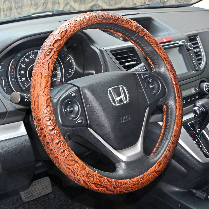  [AUSTRALIA] - ZYHW Car Steering Wheel Cover Universal 15 inch Auto Antislip Leather Protector Flower Grain Brown Brown style