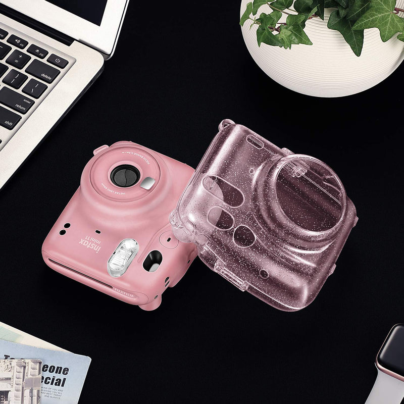  [AUSTRALIA] - Fintie Protective Clear Case for Fujifilm Instax Mini 11 Instant Film Camera - Crystal Hard Shell Cover with Removable Rainbow Shoulder Strap, Glittering Pink