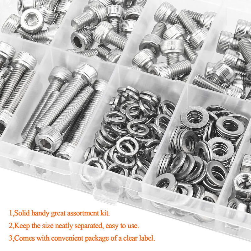  [AUSTRALIA] - HELIFOUNER 240 Pieces M5 x 6mm /8mm /10mm /12mm /16mm /20mm /25mm, Hex Socket Head Cap Screws Bolts Washers Nuts Kit, 304 Stainless Steel