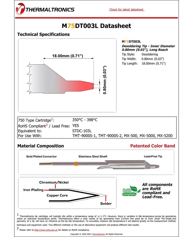  [AUSTRALIA] - Thermaltronics M75DT003L Desoldering Tip - Inner Diameter 0.80mm (0.03in), Long Reach interchangeable for Metcal STDC-703L