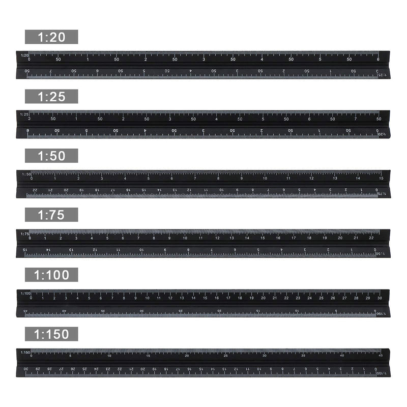 Triangular Scale Ruler 30cm Black Aluminum Alloy Metric Ruler 1:20 1:25 1:50 1:75 1:100 1:150 for Architect Drafting Engineer Measuring Tools - LeoForward Australia