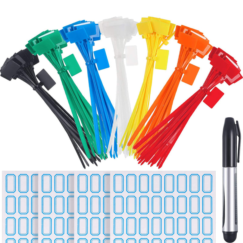  [AUSTRALIA] - 140 Pieces 6 Inch Nylon Cable Marker Ties Self Locking Cord Tags Wire Labels Ethernet Cable Labels Wire Straps with Marker Pen and 128 Pcs White Self Adhesive Cable Labels for Home and Office Use