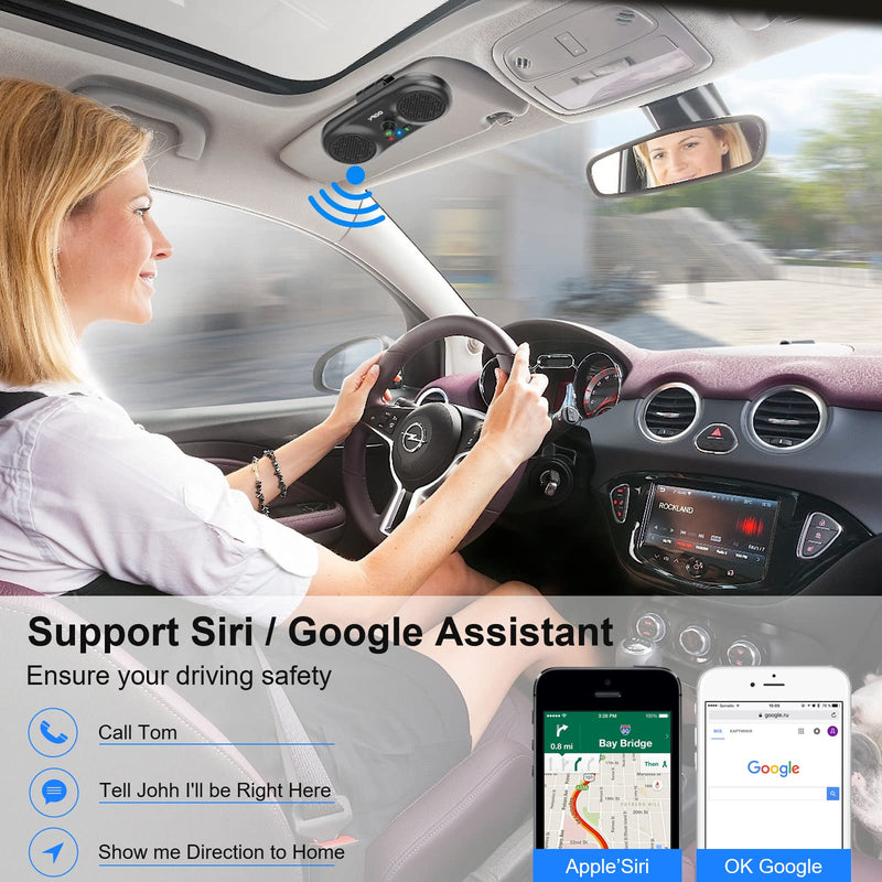  [AUSTRALIA] - 1Mii MK02 Bluetooth Car Speakerphone with Visor Clip, Wireless Bluetooth 5.0 Car Kit for Handsfree Talking, Motion Auto On, Voice Guidance, Support Siri Google Assistant, Dual Speakers