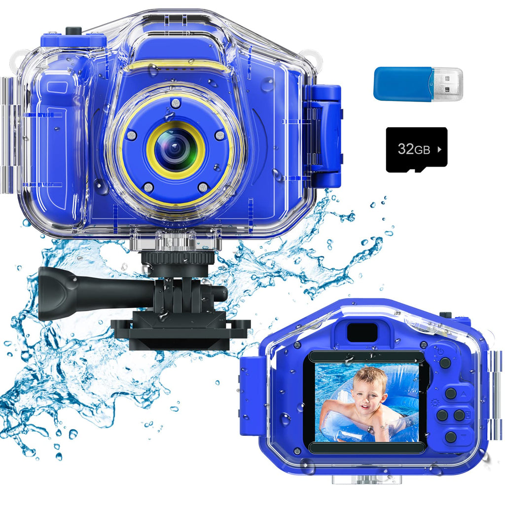  [AUSTRALIA] - DEKER Kids Waterproof Camera for 3-12 Year Old Boys Christmas Birthday Gifts Toys Children Mini Underwater Digital Action Camcorder, 2 Inch IPS Screen with 32GB Card (Dark Blue) Dark Blue