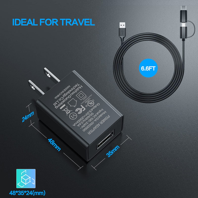 Kindle Fire Fast Charger [UL Listed] AC Adapter EWUONU Rapid Chargers with 6.6 Ft Micro-USB and Type-C 2 in 1 Cable for Amazon Kindle Fire HD, HDX 6" 7" 8.9" 9.7", Fire 7 8 10 Tablet and Phone (Black) - LeoForward Australia