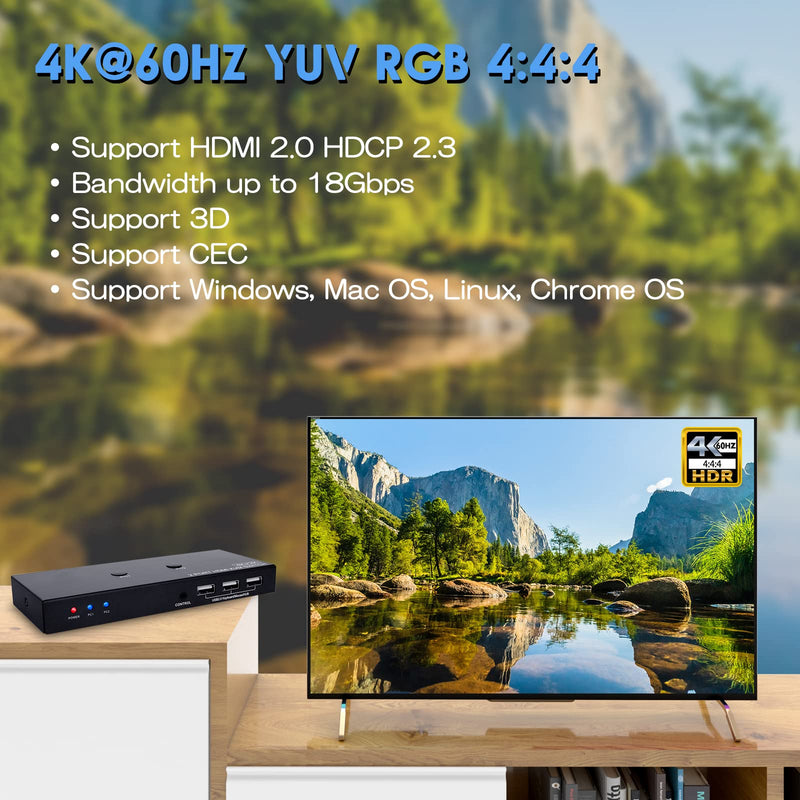  [AUSTRALIA] - KVM Switch HDMI 2 Port, UHD 4K@60Hz YUV RGB 4:4:4 HDCP 2.3, HDMI USB Switcher for 2 Computer Share Keyboard Mouse Printer and One 4K Monitor, with 2 USB Cable & Wired Controller Black