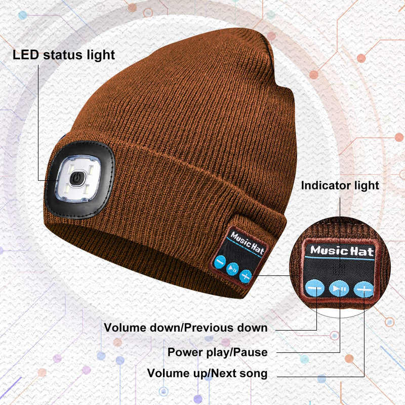  [AUSTRALIA] - 3 Pcs LED USB Rechargeable Music Winter Hat Beanie with Headlamp Built in Microphone and Stereo Speaker Hat with USB Cables Black, Coffee, Purple